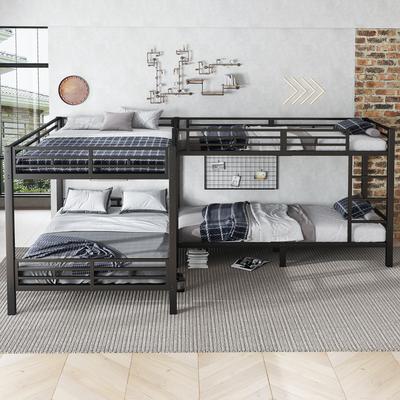 Iron Bed, Bunk Bed, Three-Step Ladder, Stable Slatted Frame, Multi-Bed Configuration, Beds In Different Sizes, Iron, Black, 90x200cm&140x200cm
