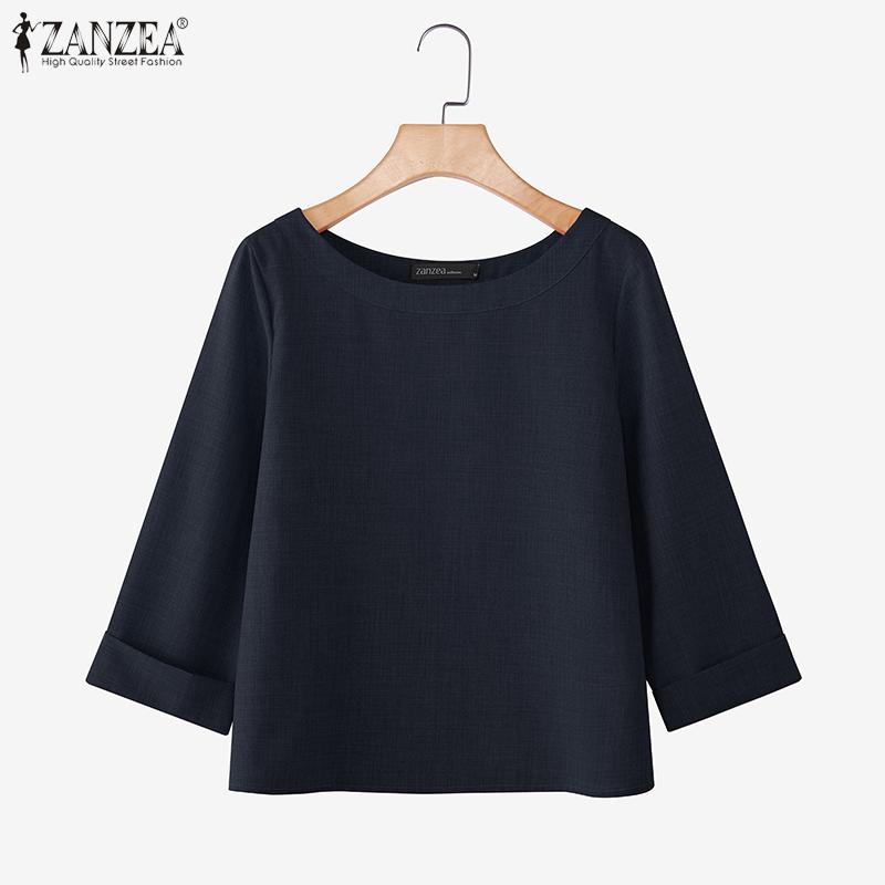 ZANZEA Damen Lässig Rundhals 3/4-Ärmel Einfarbig Locker Bluse