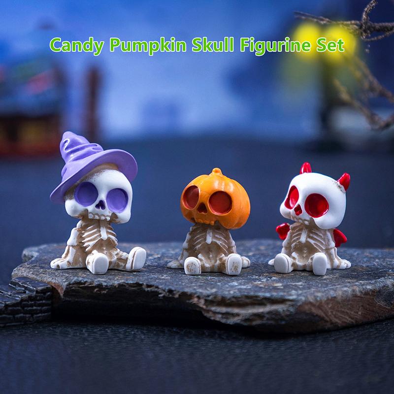 8pcs Halloween Candy Pumpkin Skull Figurines, Cute DIY Decorations And Accessories, Miniature Landscape Ornaments