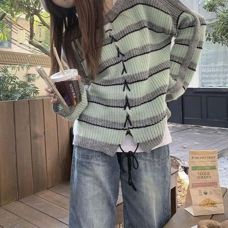 

Корейские полосатые свободные свитера женская одежда контрастные цвета осень зима стильные завязки с длинным рукавом вязаные джемперы M зелёный/серый