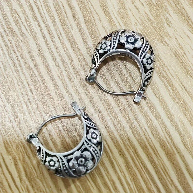 Vintage Bohemian Hoop Earrings, Silver Plated Zinc Alloy Floral Design, Distinctive Women's Dangle Jewelry Gift