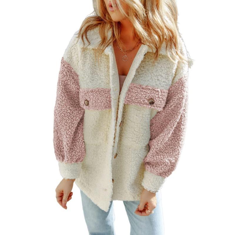 

Женская осенне-зимняя повседневная куртка с длинным рукавом и свободными лацканами, шуба с цветными блоками и двойными карманами XXL розовый