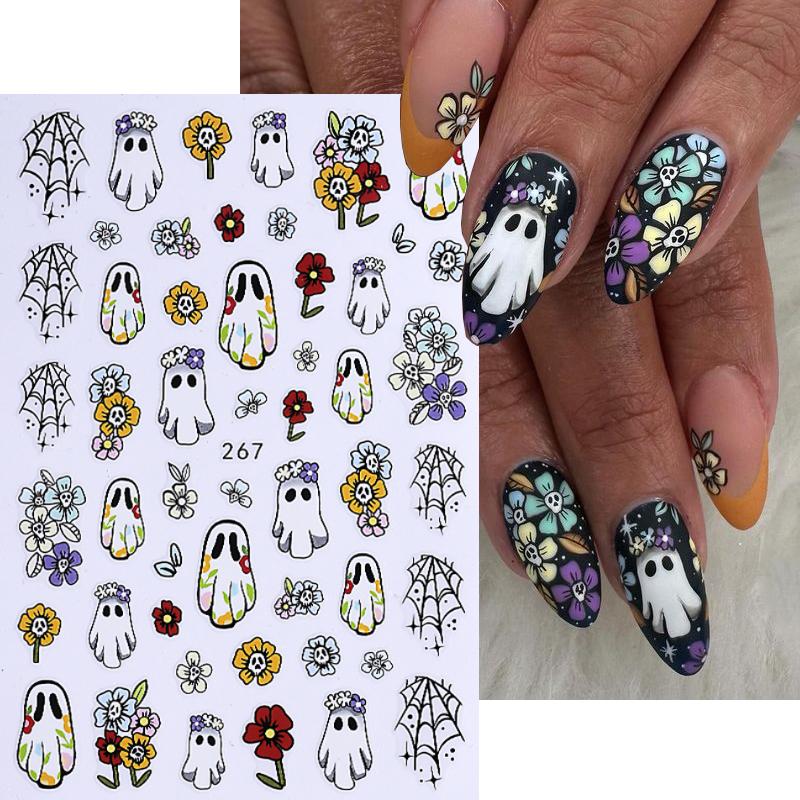 1/6 Pcs Halloween Nail Stickers Cute Skull Pumpkin Ghost Spider Nail Slide Decals Nail Supplies Manicure Decoration