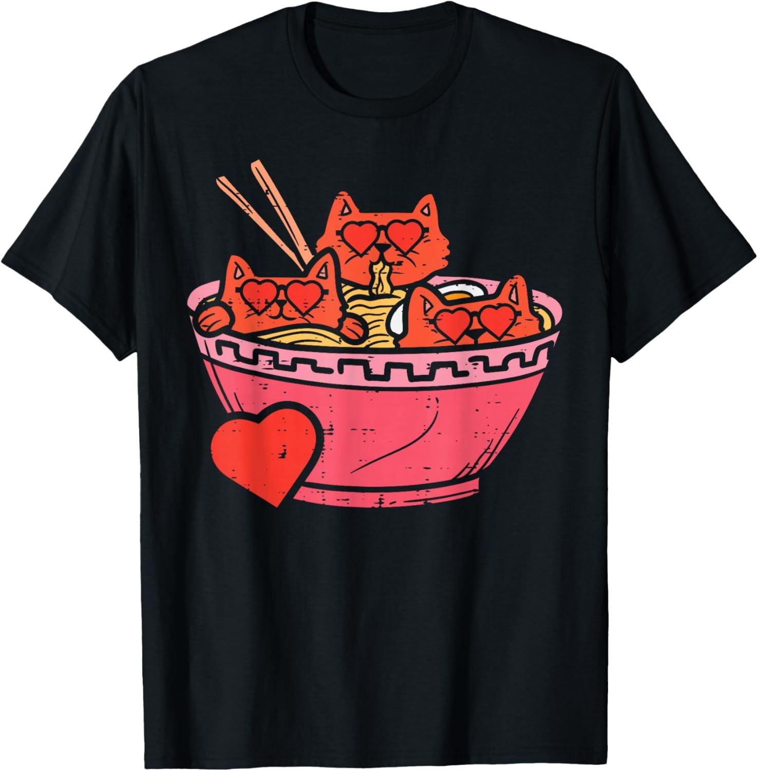 BEST! Heart Cats Ramen Noodles Anime Cute Valentines Day Kitten Tee S-3XL L
