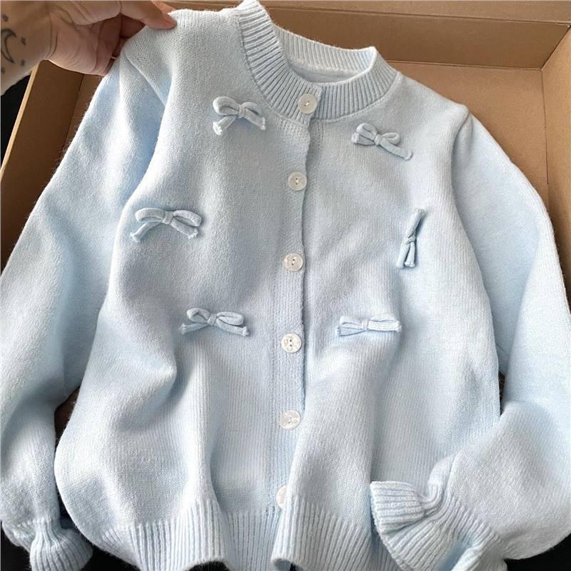 Korean Style 3D Bow Round Neck Knit Women's Fall College Sweater Cardigan