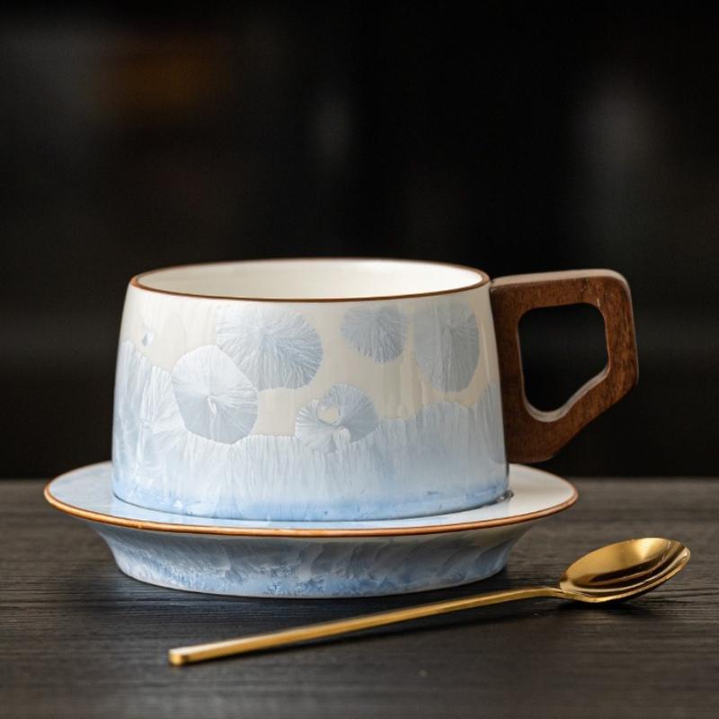 Chinese Style Wooden Handle Ceramic Mug with Dish Crystalline Glaze Coffee Cups Afternoon Tea Cup Set Household Drinkware
