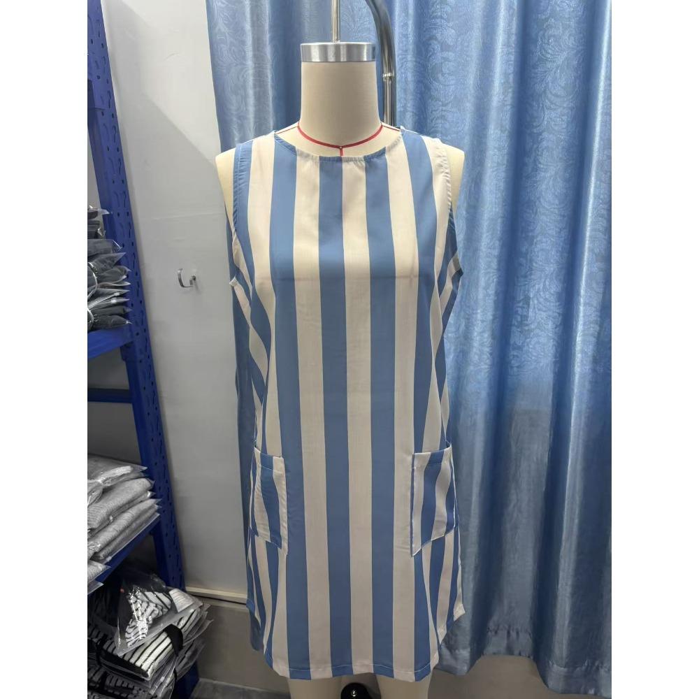 Vintage Striped Mini Dress, Round Neck Sleeveless Women Dress