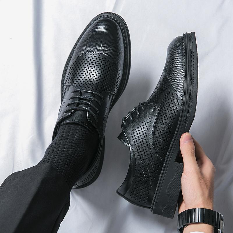 Leather shoes men's leather trend business dress wedding shoes autumn new breathable British style Korean version Derby shoes platform