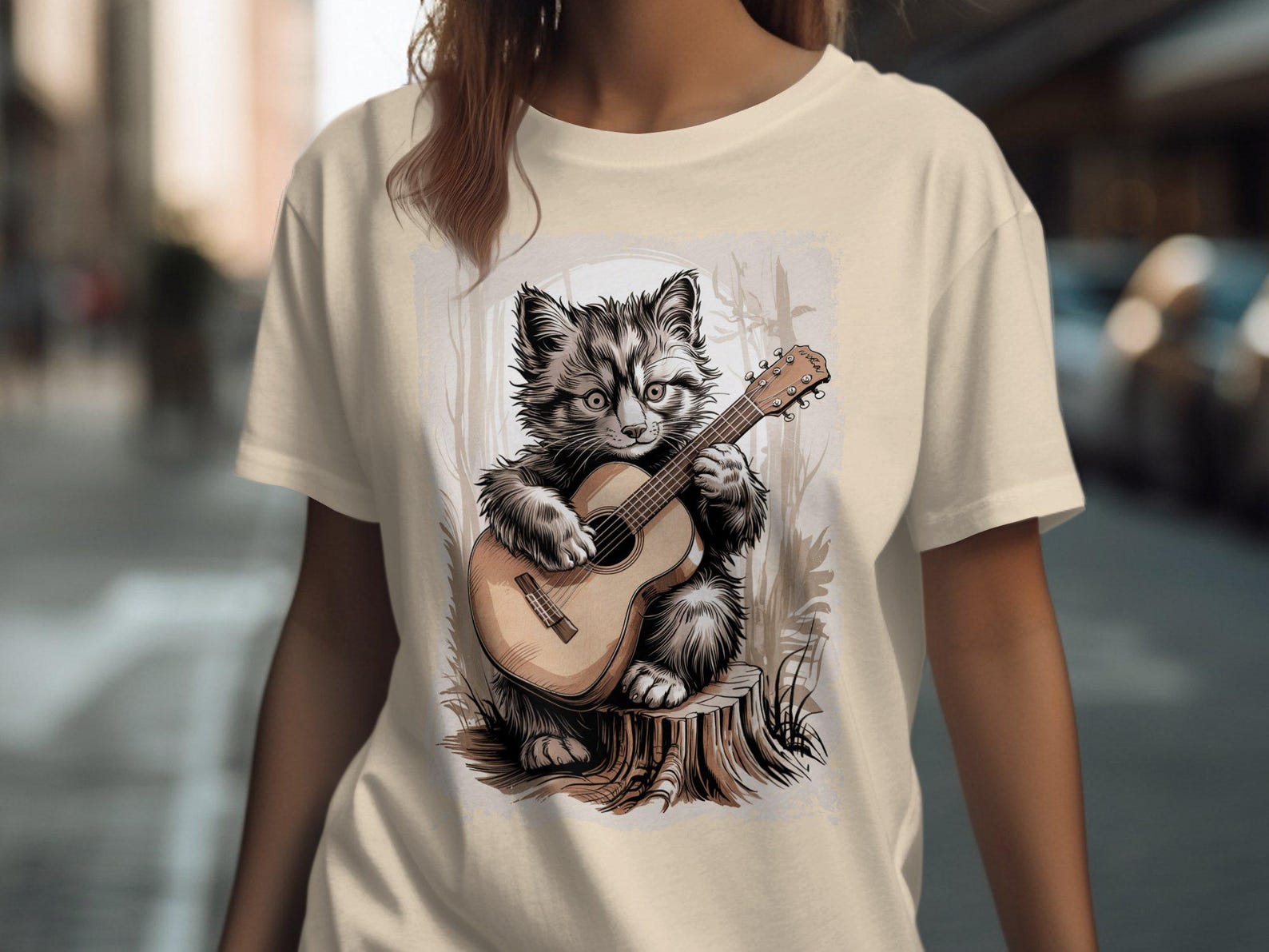 Cute Guitar Playing Cat T-Shirt, Adorable Cat with Guitar Graphic Tee, Perfect Gift for Cat Lovers, Unique Cat Art Shirt S