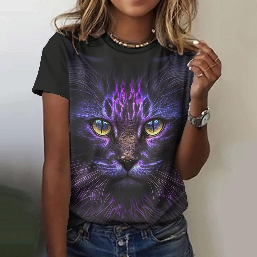 Cool Animal Women's Short Sleeve Round Neck T-Shirt Summer Outdoor Casual Tops Cat Printed