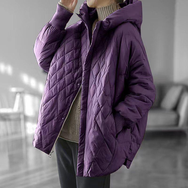Womens Mid-Length Hooded Puffer Coat With Quilted Design Warm White Duck Down Fill Oversized Fit