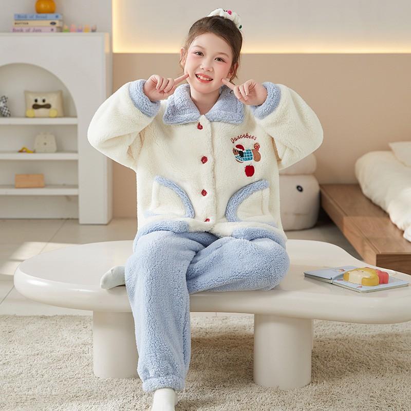 Girls Cartoon Fleece Pajama Set Warm Long Sleeve Open Front Sleepwear Winter Home Use