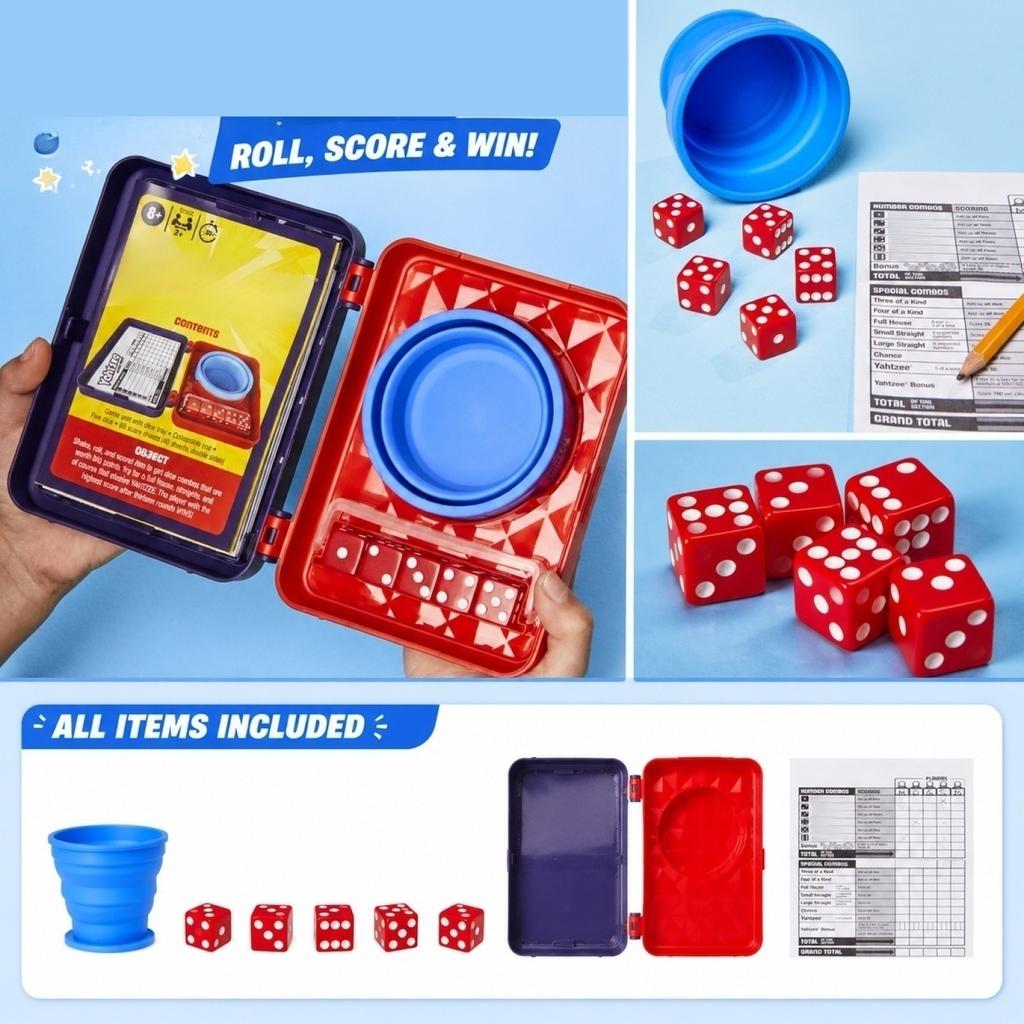 Yahtzee Dice Game Set with Foldable Dice Cup and Storage Box for Portable Play Suitable for Family and Group Entertainment Indoor and Outdoor Use