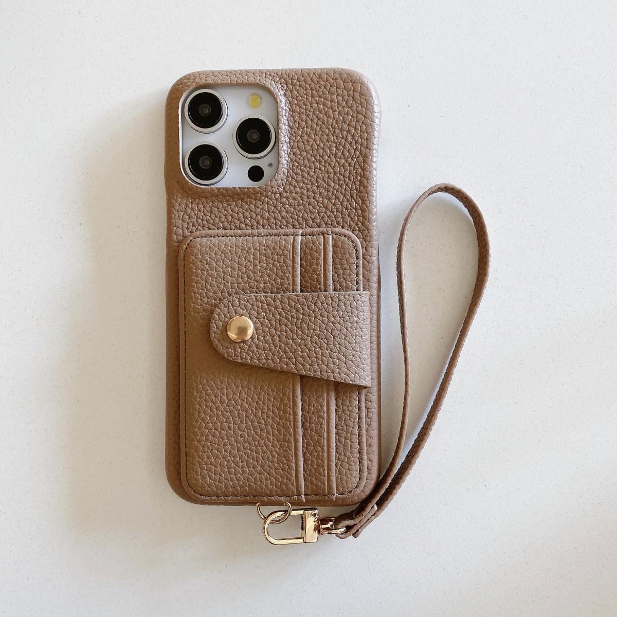 

Litchi Pattern PU Leathe Light Brown Phone Case for iPhone 11 12 13 14 15 16e Pro Max with Stylish Lanyard Multi Card Holder for iPhone 13pro