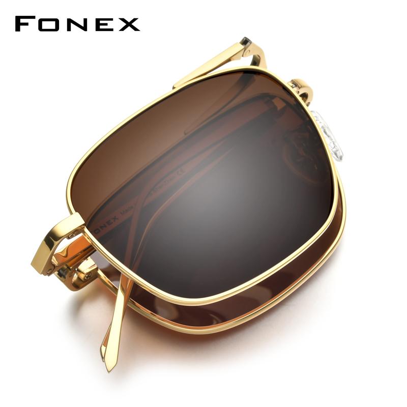 Lunettes de Soleil Polarisées en Titane Pur FONEX Homme Pliables Carrées Lunettes de Soleil pour Femme Ultra-légères Haute Qualité Monture Japonaise 839