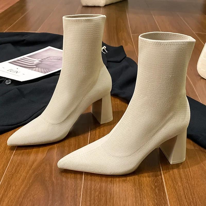 Women Boots High Heels Heeled Elastic Sock Boots 2026 Winter Fashion Pointed Toes Heel Women Chunky Heel Woman Shoes Pale Beige