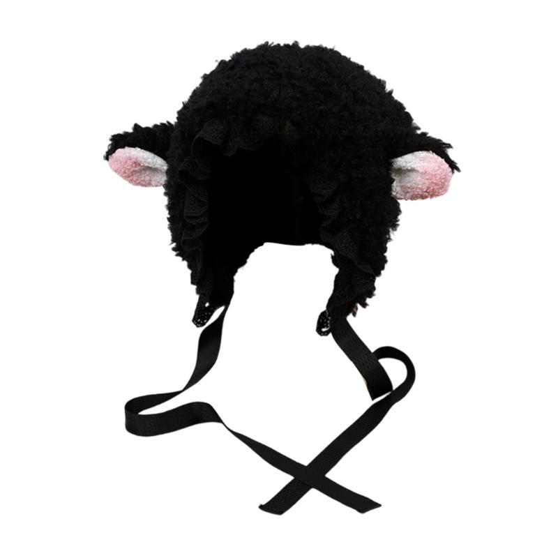 Furry Cartoon Head Cover with Ear for Outdoor Sports Furry Hat Bonnet Lamb Oversized Headgear Hat for Winter