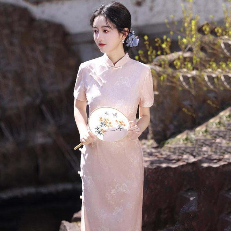 Pink Modern Chinese Style Long Cheongsam Dress Women 2026 Vintage Inspired Daily Wear With Stand Collar