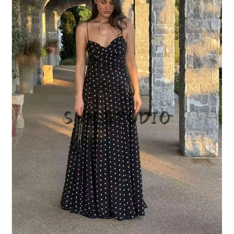 Summer New Product Women's Clothes Minimalist Black Polka Dot V Neck Sleeveless High Waist A- Line Long Sling Dress