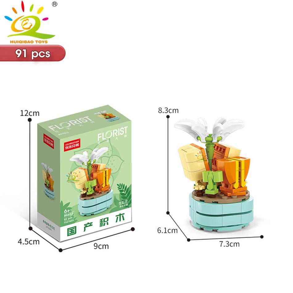 HUIQIBAO MOC Flower Succulent Potted Model Building Block DIY Eternal Bouquet Home Desk Plant Decor Brick Girl Gift Children Toy