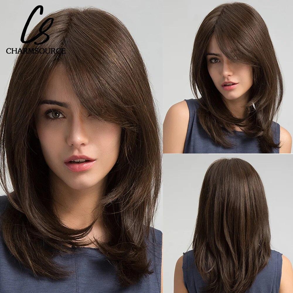 Short Straight Bob Synthetic Wigs with Bangs for Women Brown To Blonde Wig Cosplay Party Daily Heat Resistant Fiber Hair