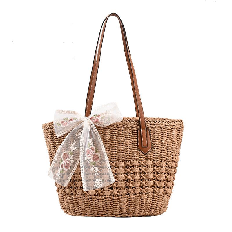 Bolsos de Hombro Fashi Casual con Cremallera Gran Capacidad Tejidos de Paja para Mujer Bolsos Tote Simples Versátiles para el Trabajo Dulces Juveniles