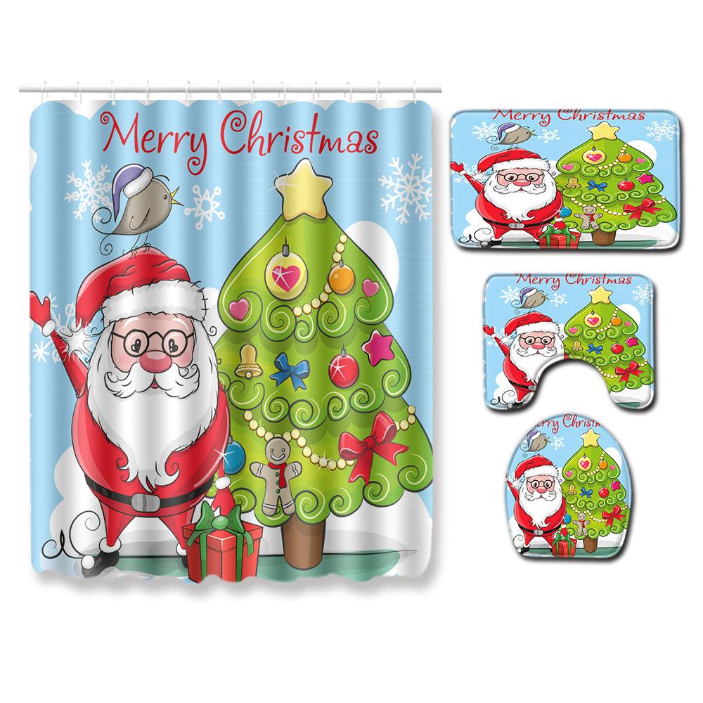 3D Digital Printing Christmas Waterproof Shower Curtain Four-Piece Bathroom Non-Slip Door Mat Bedroom Living Room Floor Mat Carpet