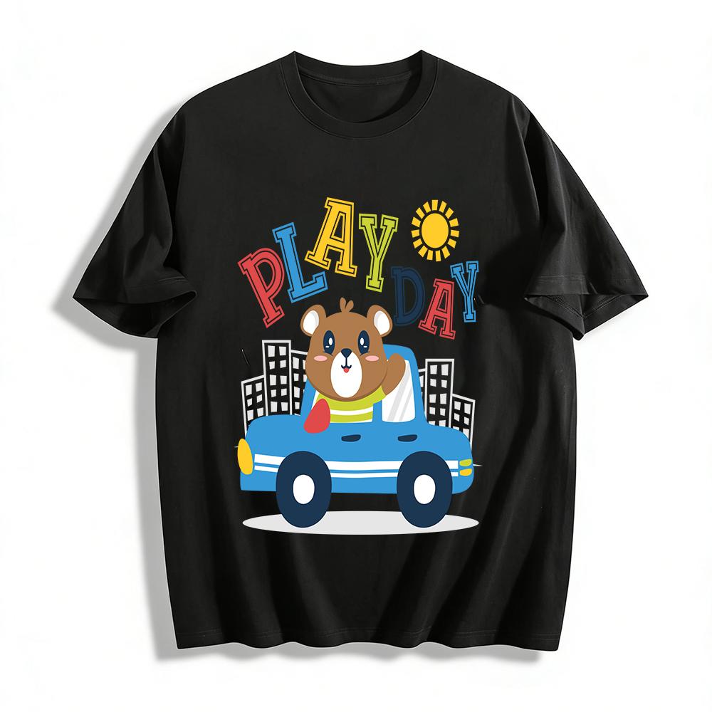 

Play Day Bear Driving Print Kids T-shirt Boys Girls Casual Breathable Cotton Top Pure cotton T-shirt XXS