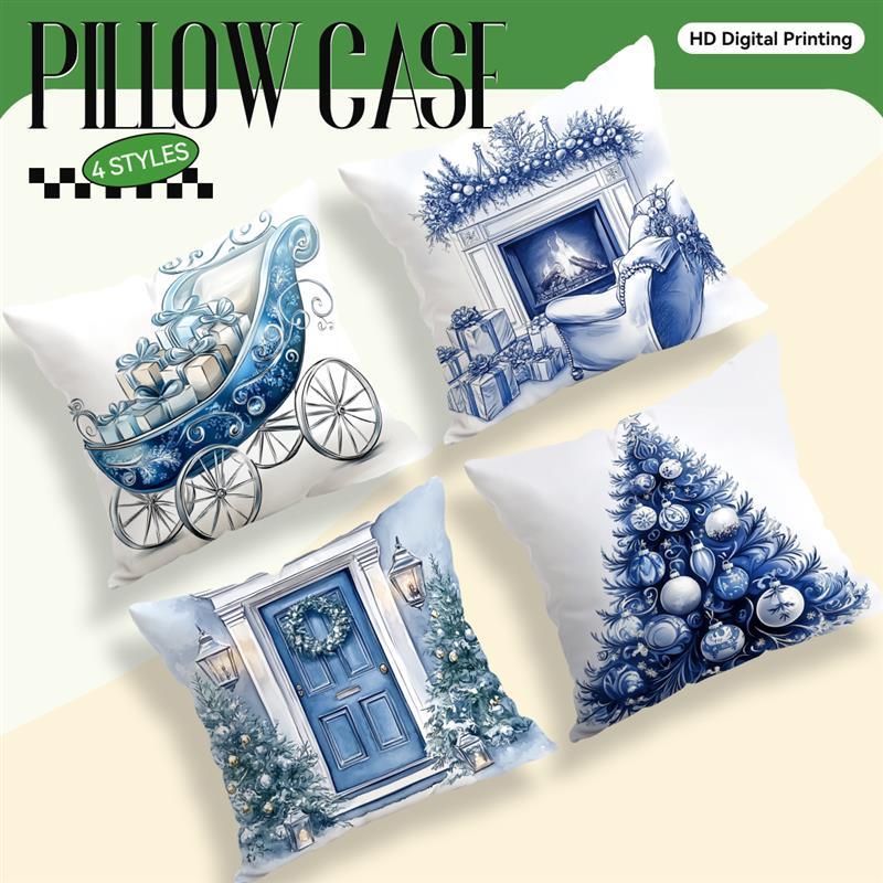 Blue Christmas Decor Cushion Pillowcase Printed Polyester 45X45Cm Throw Pillowcover Decorative Sofa Cushion Pillowslip Decor
