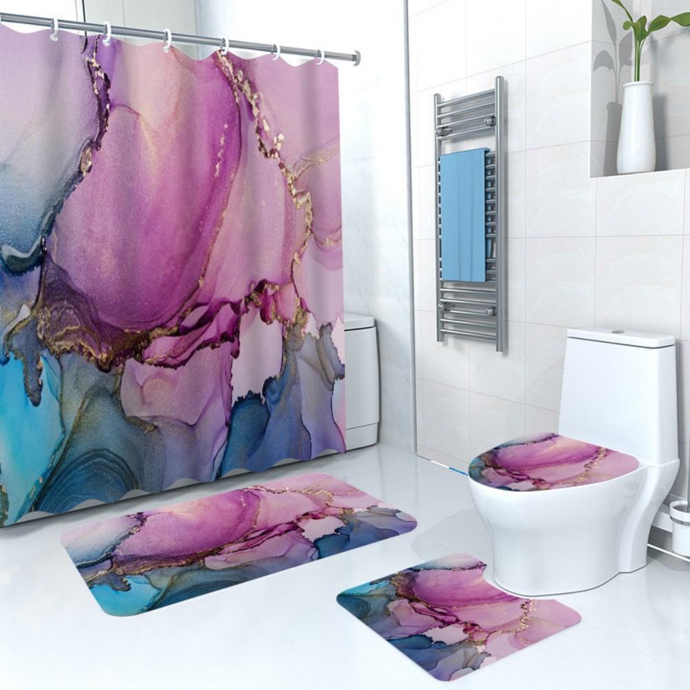 3D Blue Marble Print Shower Curtain 4 Piece Carpet Cover Toilet Cover Bath Mat Pad Set Bathroom Curtain with 12 Hooks Home Decor