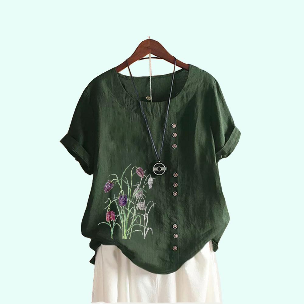 Ladies Flower Print Casual Round Neck Blouses Summer Short Sleeve Plus Size Pullover Loose T-shirt