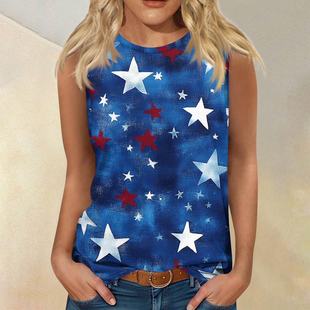Women's Fashion Casual T-Shirt Round Neck Sleeveless Independence Day Printed Vest Top