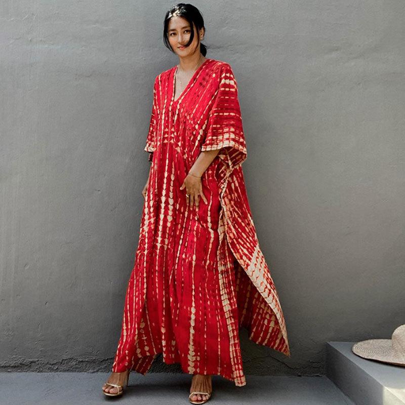 European & American Tie-dye Rayon Beach Dress: Loose, Long Seaside Vacation Robe & Bikini Cover-up with Sunscreen Shirt for Women