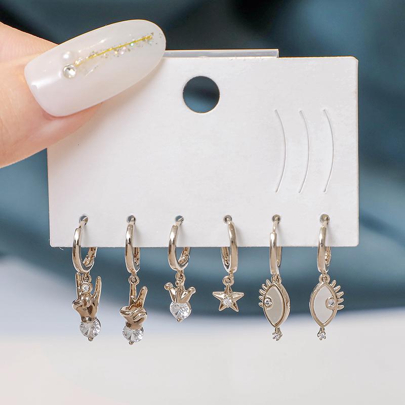 

ANENJERY серьги-кольца с цирконием, звездным глазом, короной, победным жестом, серьги-кольца для женщин, комплект серег ручной работы из 6 предметов золотой