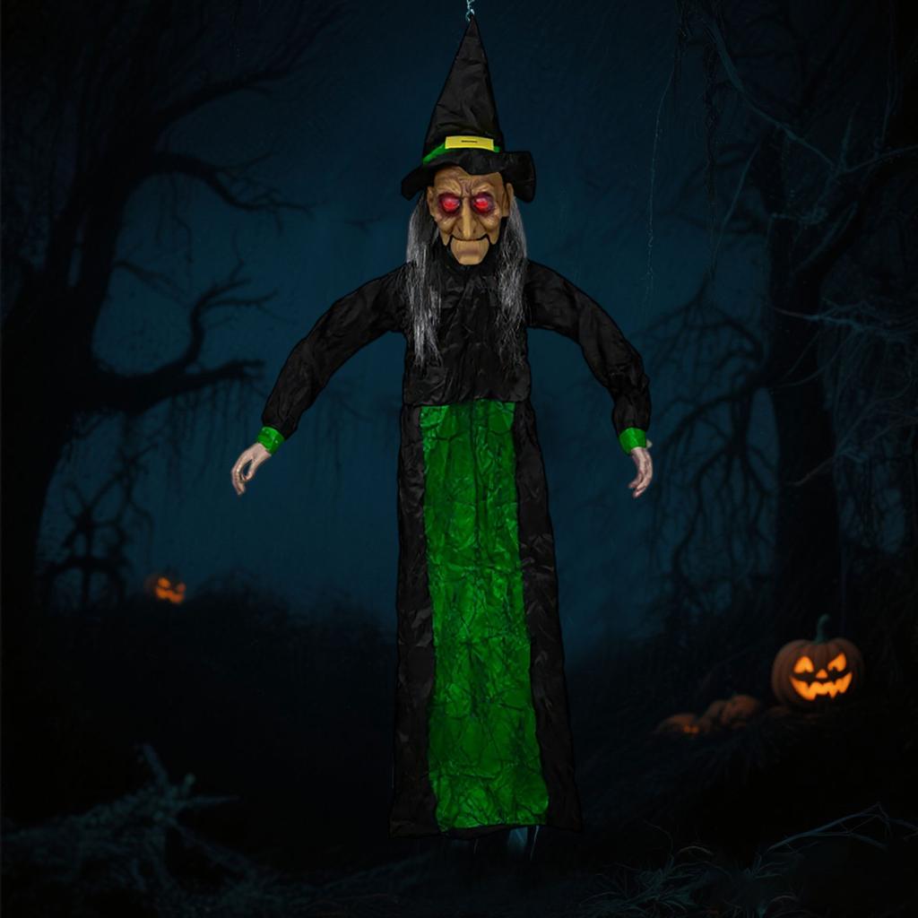 Horror Halloween Witch Hanging Electric Open Mouth Induction Light Sound Green Haunted House Witch Decoration