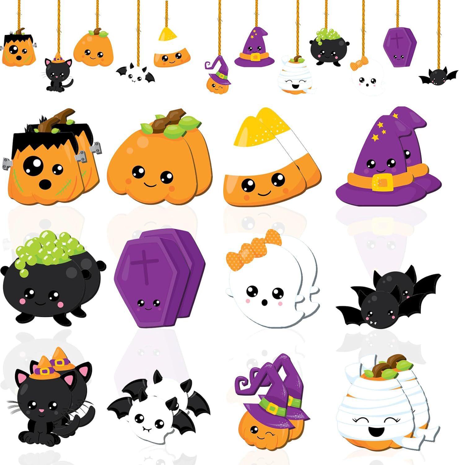 Halloween Cartoon Tree Ornaments: Pumpkin, Black Cat, Bat, Ghost Wooden Decorations