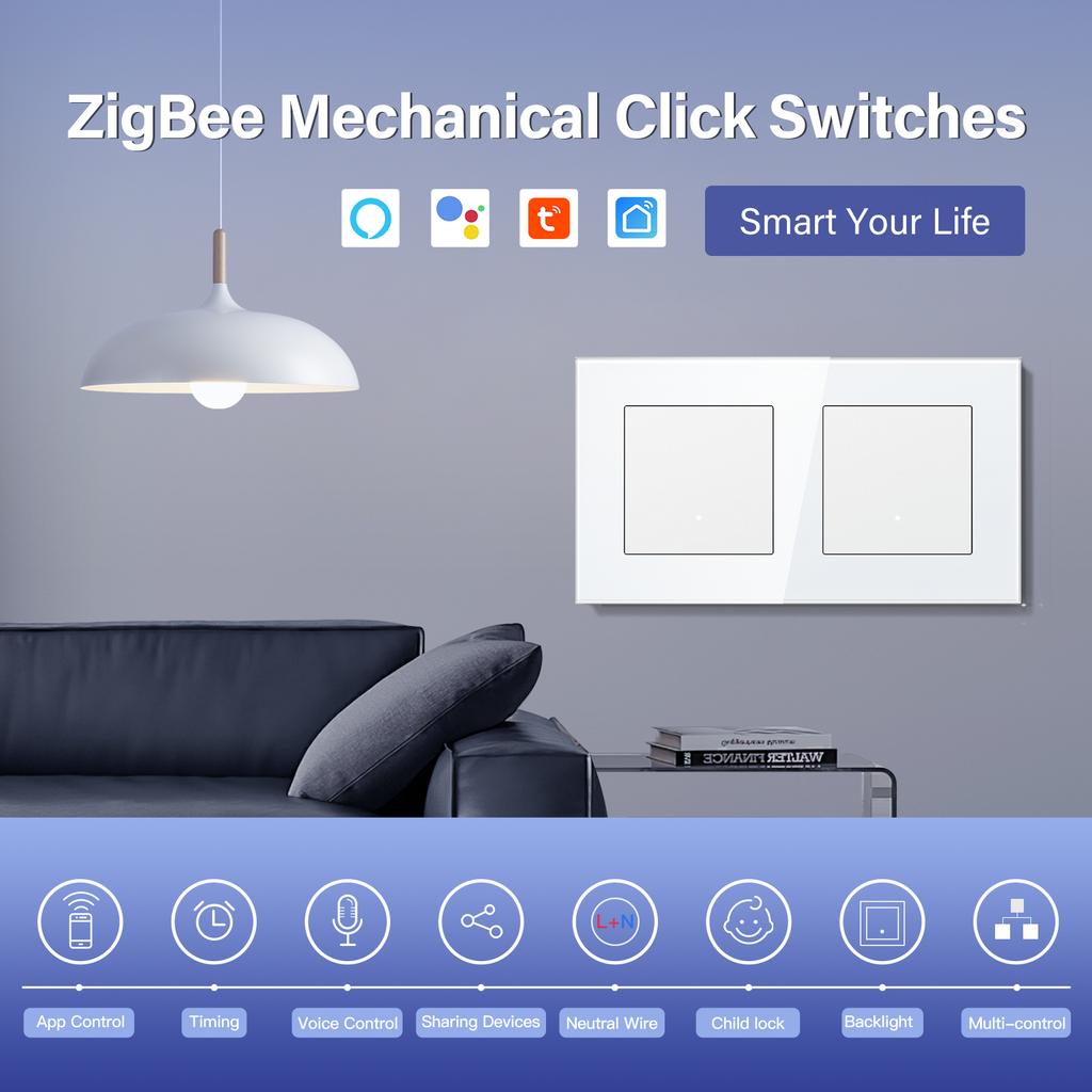 BSEED ZigBee Click Switches Series Wall Smart Click Light Switches Yellow Backlight Glass Frame Tuya APP Switch EU Standard