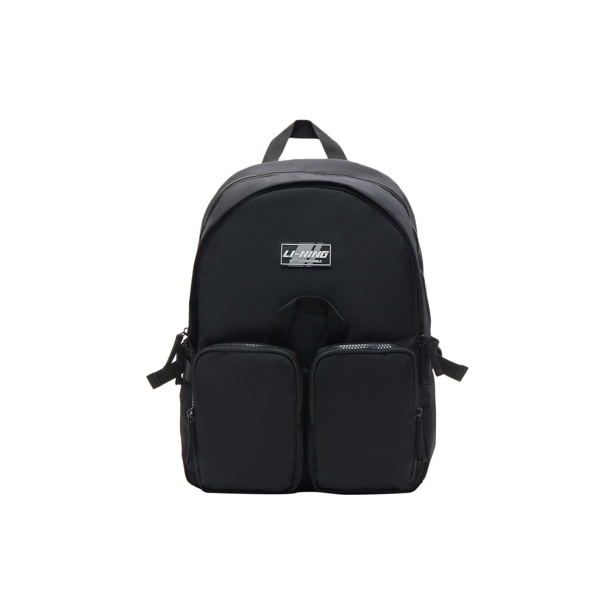 Li Ning Sports Casual Solid Color Logo Large Capacity Polyester Backpack Unisex Backpack Black ABSS253-3 Black