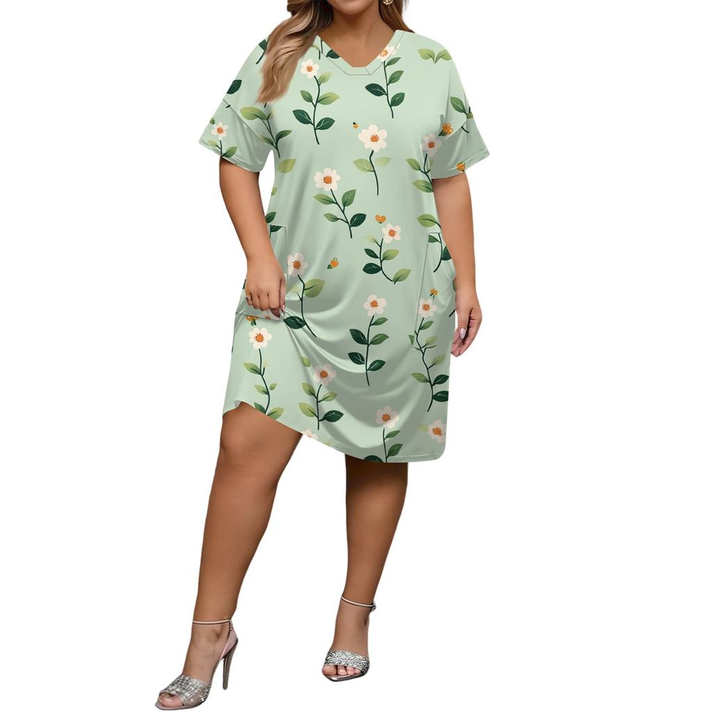 Summer Plus Size V Neck Short Sleeve Knee Pocket  Print Casual Dress For Women