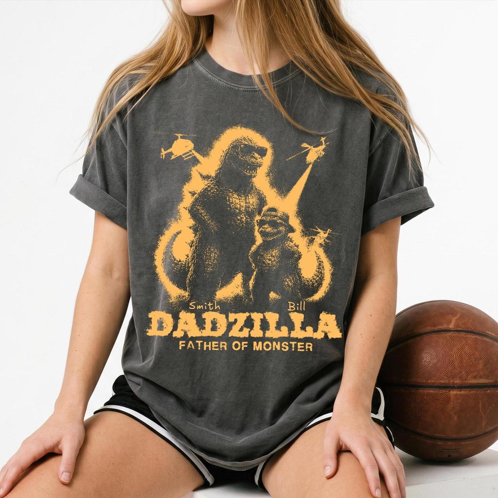 Custom Dad Kaiju T Shirt, Retro Giant Kaiju Monster Father Day Gift Tee, Personalized Father of Monsters Top, Funny Kids Name Dinosaur Gift