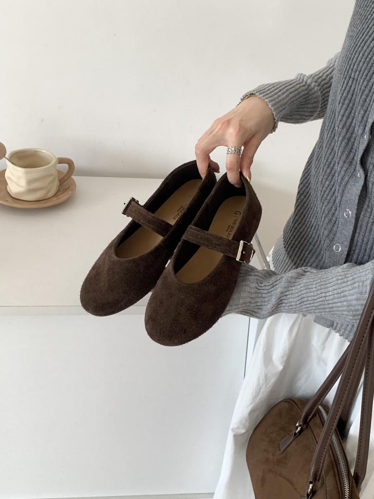 THEBULAGE Korean Version of Round Head Shallow Mouth Single Shoes 2025 Autumn One-word Buckle with Mary Jane Flat Shoes