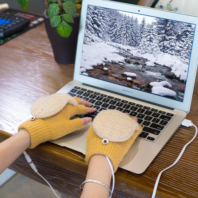 Women USB Heated Gloves Mitten Winter Warm Laptop Gloves Full And Halfs Hands Heated Fingerless Heating Knitting Guantes Mujer