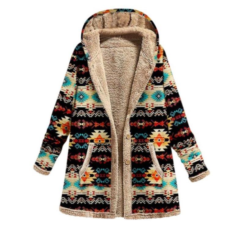 Thicker Plus Size Women Casual Coat Retro Printed Pockets Warm Outwear Hooded Long Sleeve Zipper