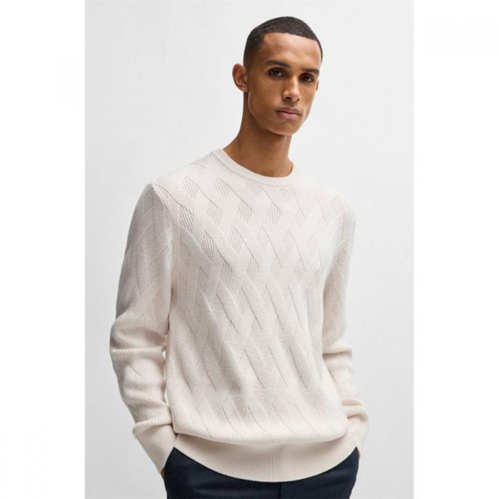 Boss Virgin Wool Regular Fit Knit Sweater Open White