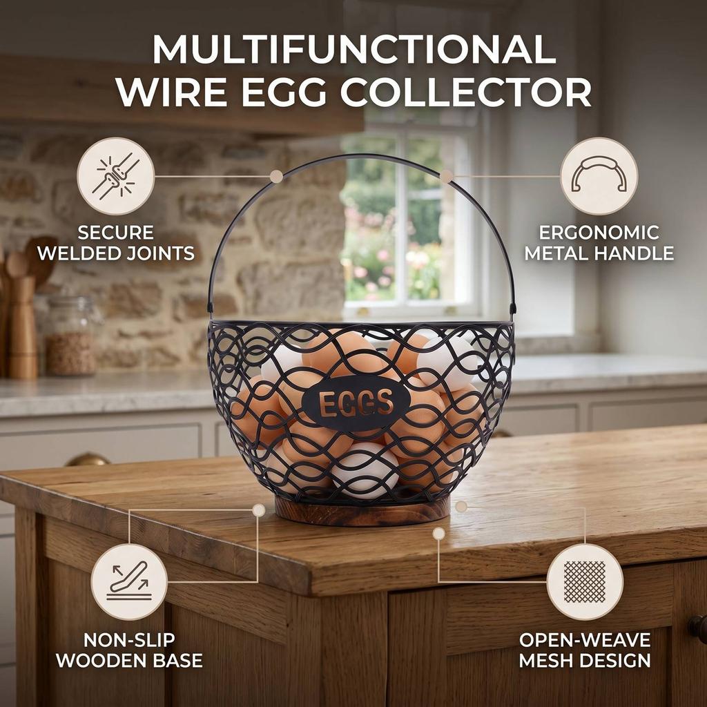 Egg Basket Multifunctional Wire Egg Collecting Basket with Wooden Base for Kitchen Countertop