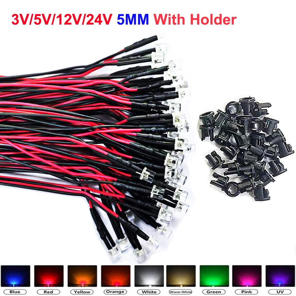 F3/5mm Flat Head Transparent Diffuse LED Signal Indicator with Wires, 3V-24V