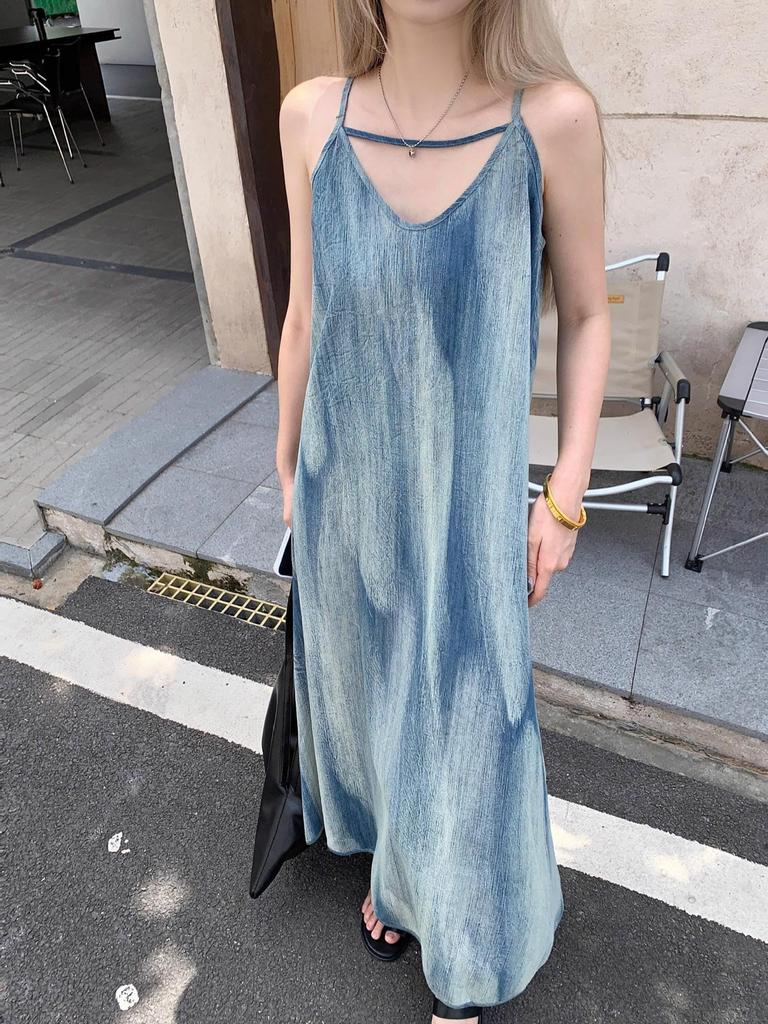 Nestkanina Cami Cool Summer DRS028 Women's Maxi-Length Dress, Dress, Flared, Long, A-Line, Spring/Summer Dress, (XL, Blue)