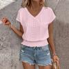 Women's Fashion V-neck Solid Color Hollow Short Sleeve Top T-shirt Summer