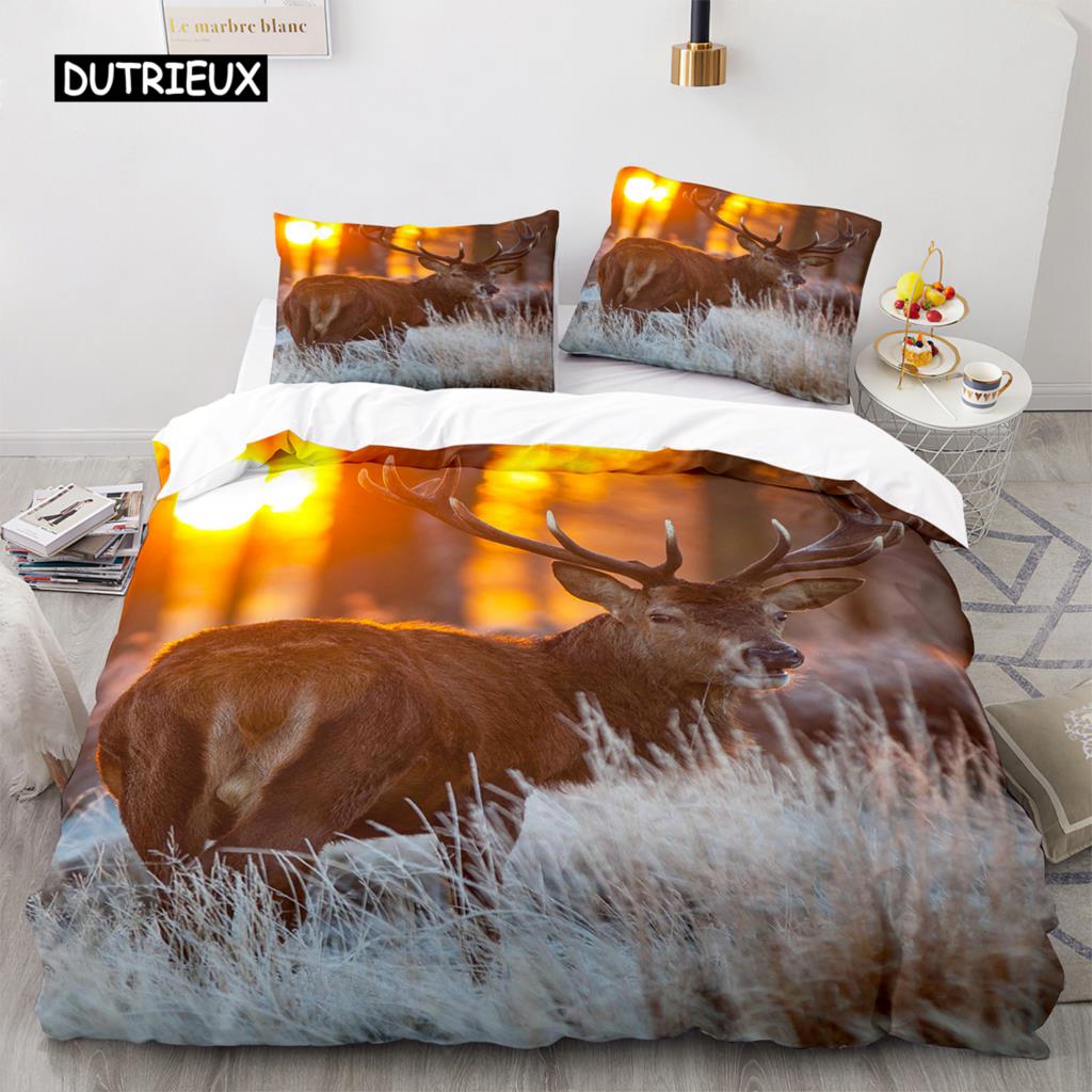Bettbezug mit Hirschmotiv, 3D-Sonnenuntergang, Elch-Bettwäscheset für Kinder und Mädchen, weicher Mikrofaser-Bettbezug mit Reißverschluss