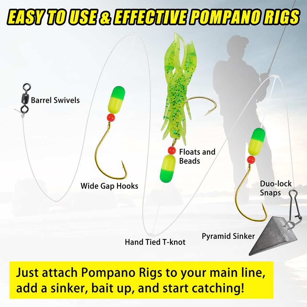 1Pack Saltwater Pompano Rigs for Surf Fishing Three Drops Pompano Rigs with Barrel Swivel Hook Floats Duo Lock Snap and Beads
